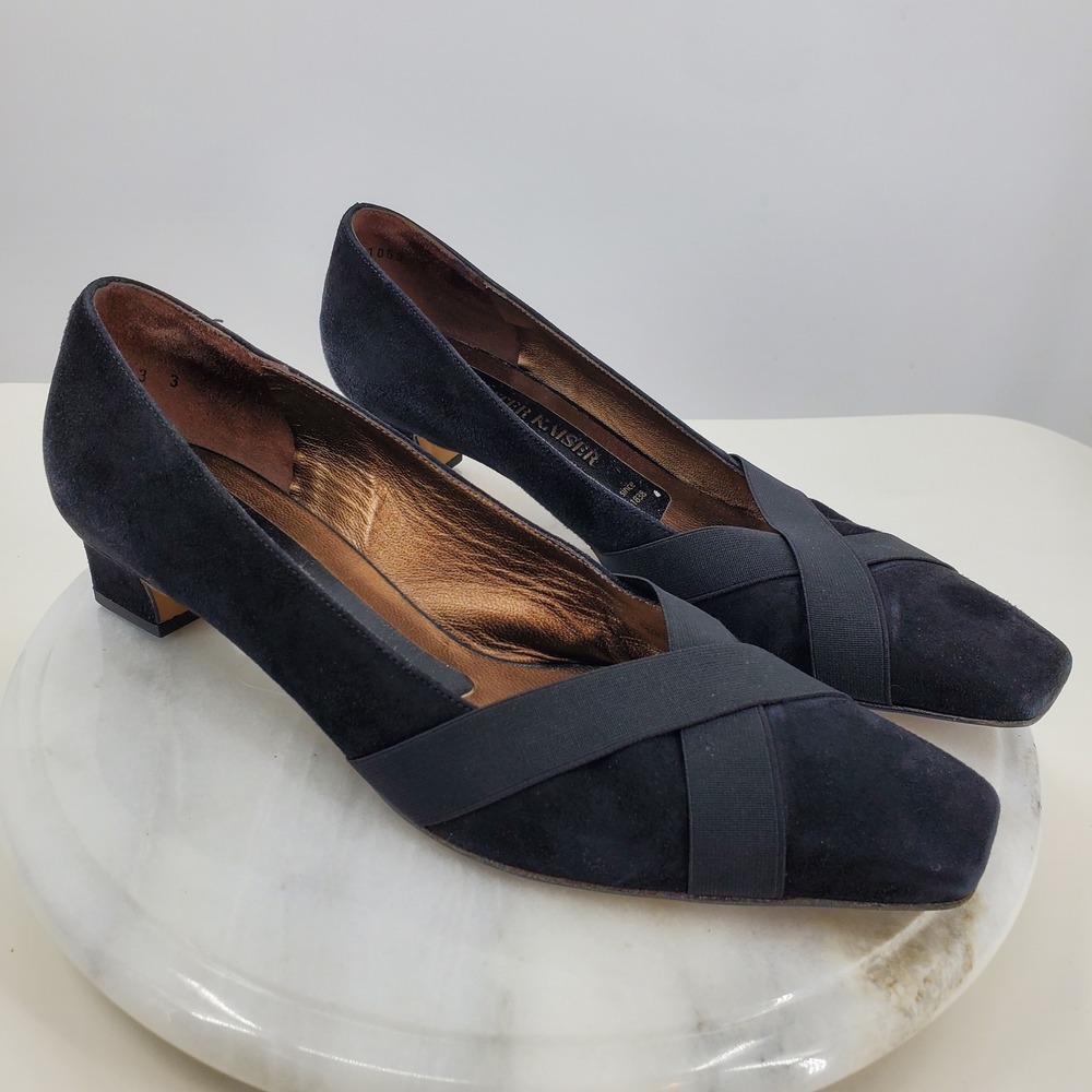 Peter Kaiser Black Suede Square Toe Block Heel Pumps 5 Criss Cross Detail Shoes